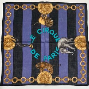 Celine Vintage Handkerchief Mini Scarf Art Animal Logo Cotton Pocket Square 18.5